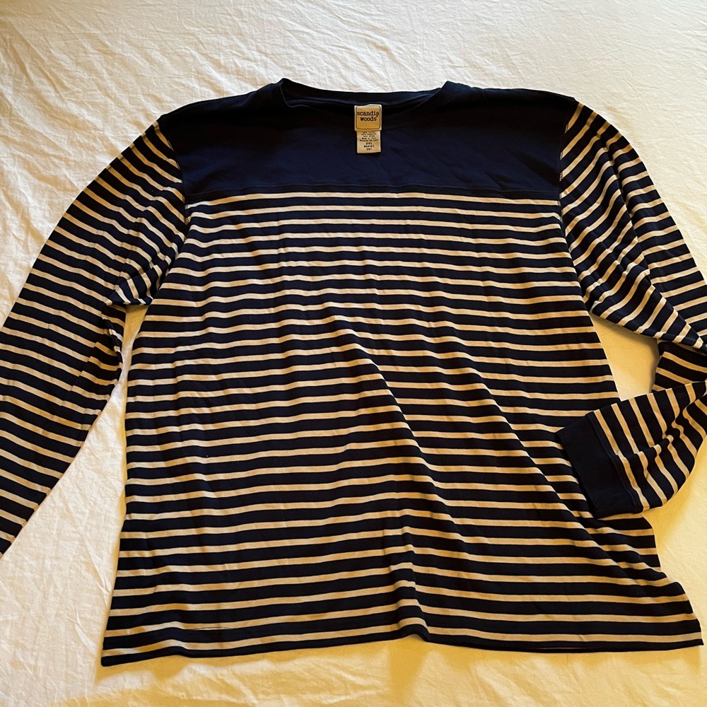 Men’s navy and cream striped long sleeve shirt